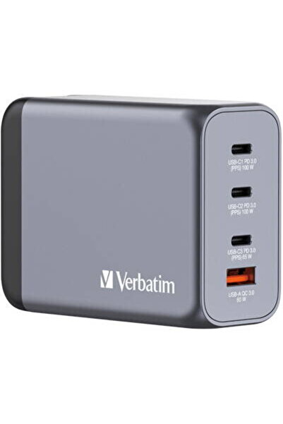 Verbatim GNC-200 GaN 3x USB-C + 1x USB-A PD QC3.0 EU/UK/US 200W Gri
