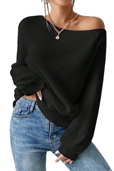 StreetWear Outlet Women's Sweater, Loose Fit, Asymmetric Neckline, Black, M