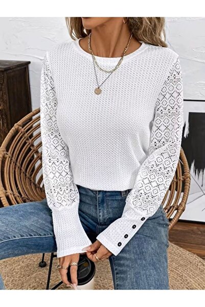 byasafkids Women's Long Sleeve Crew Neck Tulle Sleeve Waffle Blouse