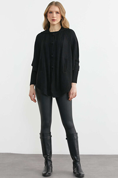 Sementa Polo Collar Buttoned Cape Cardigan - Black