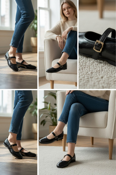 MARCO BLACK Women's Black Wrinkled Patent Leather Comfortable Daily Wear Flat...