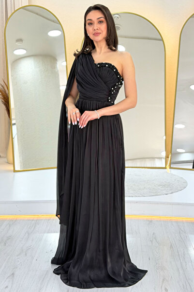 the ZKS Kadın Tek Omuz Pelerinli Drapeli Taş Detaylı Abiye Elbise Lacivert, S...