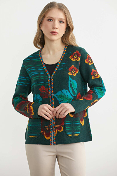 Sementa Jachetă din lână cu model floral și agrafe - Verde