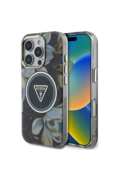 Guess Husa pentru iPhone 16 Pro - IML Metal Glitter Flowers Triangle MagSafe ...