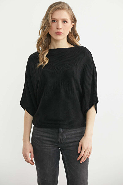 Sementa Kayık Yaka Triko Panço Kazak - Siyah