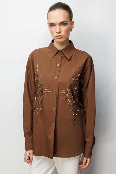 Ekol Boncuk İşlemeli Oversize Pamuk Gömlek