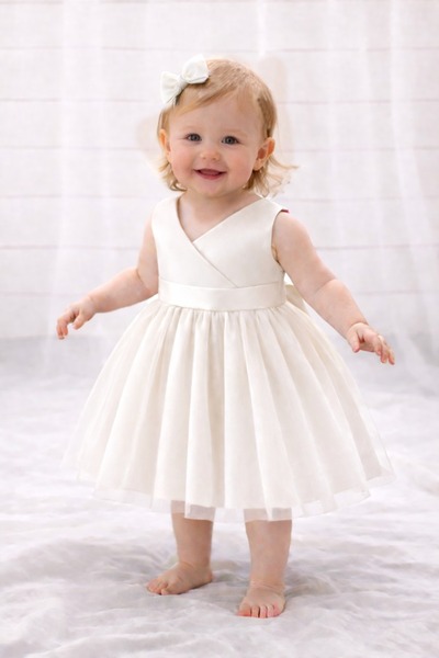 SUNEH Baby Girl Ecru Wrap Mini Dress Birthday Satin Dress