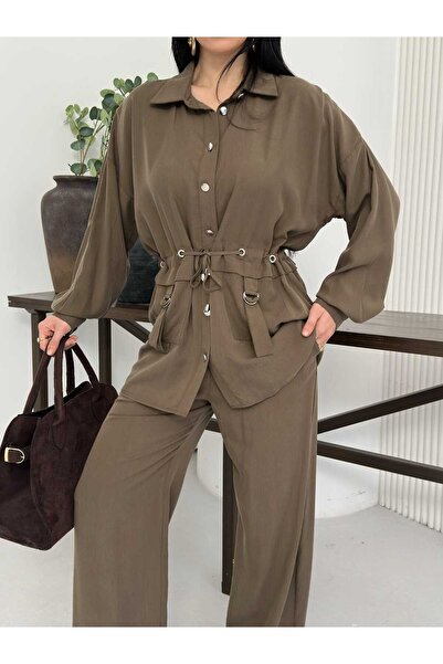 Moda İkra Παντελόνι με ψηλή μέση και φαρδιά μπατζάκια, με κορδόνι στη μέση κα...