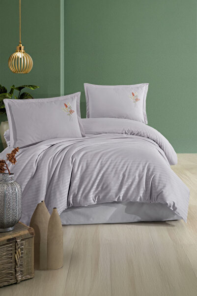 Clasy Panna Gray Double 100% Cotton Striped Duvet Cover Set