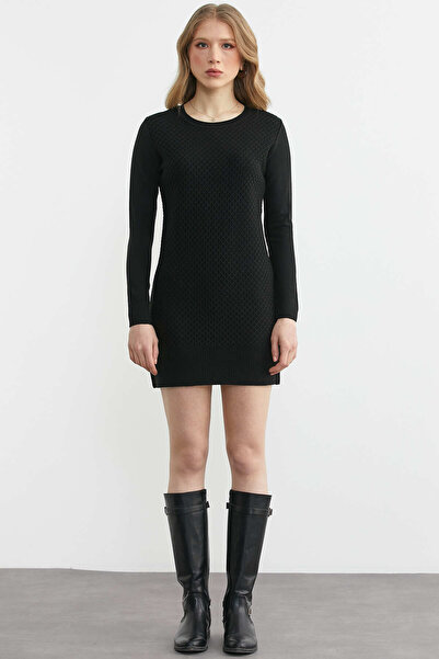 Sementa Honeycomb Motif Crew Neck Knitwear Dress - Black