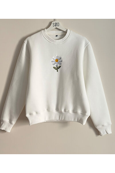 Papatya Nakış Baskılı Oversize Sweatshirt
