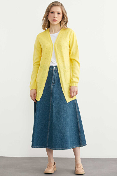 Sementa Knitted Detailed Long Knitwear Cardigan with Pockets - Yellow