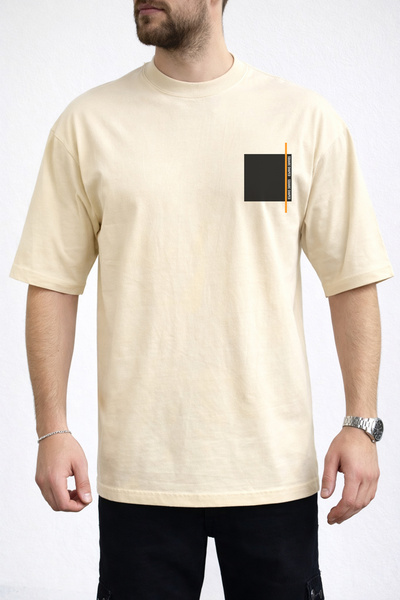 caddekombin Tricou bej pentru bărbați cu imprimeu pe piept, detaliu cu dungi ...