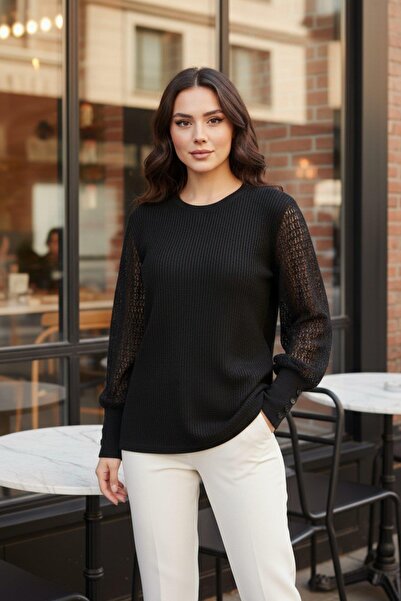 Mossta Crew Neck Tulle Sleeve Waffle Blouse - Black