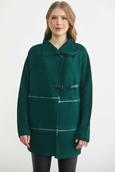 Sementa Jachetă tricotată cu detaliu cu fermoar și cataramă la curea - Verde