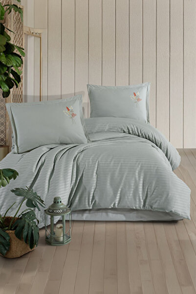 Clasy Panna Mint Single 100% Cotton Striped Duvet Cover Set