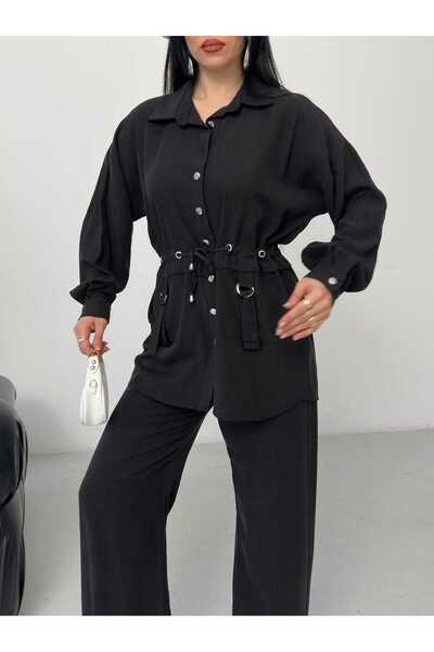 Moda İkra Παντελόνι με ψηλή μέση και φαρδιά μπατζάκια, με κορδόνι στη μέση κα...