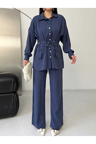 Moda İkra Costum din tensel cu talie înaltă și pantaloni largi, cu talie elas...