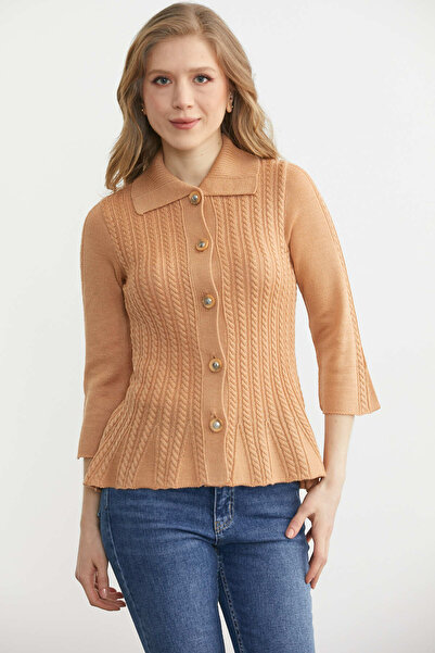 Sementa Дамско камел палто с поло яка и копчета 712104-31791.1