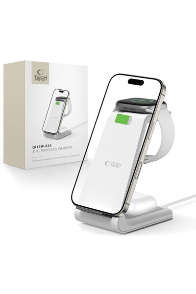 Tech-Protect QI15W-A36 Cablu USB-C Qi 3 în 1 USB-A la USB-C inclusiv 15W Alb