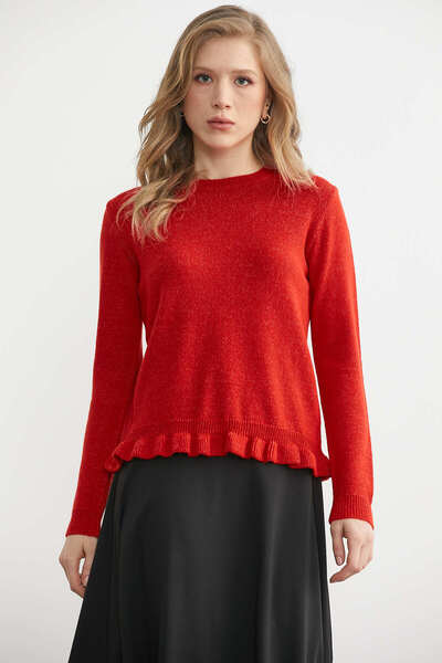 Sementa Zero Collar Ruffle Detailed Wool Knit Sweater - Red