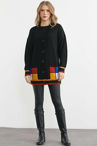 Sementa Color-Combined Oversize Wool Knitwear Cardigan - Black