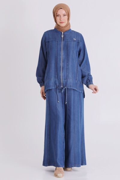 behrem Büyük Beden Tesettür Pantolonlu Tensel Kot Takım 35141 Koyu Mavi