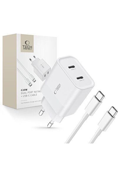Tech-Protect 2x USB-C PD Cablu USB-C inclus 20W Alb