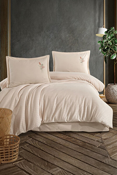 Clasy Panna Beige Single 100% Cotton Striped Duvet Cover Set
