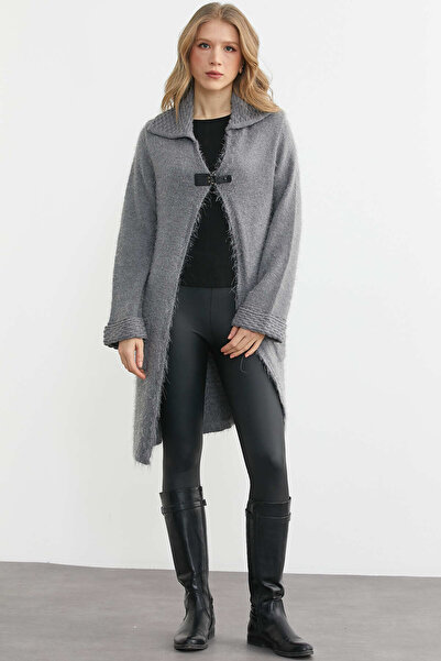 Sementa Wool Shawl Collar Buckle Long Knitwear Cardigan - Gray
