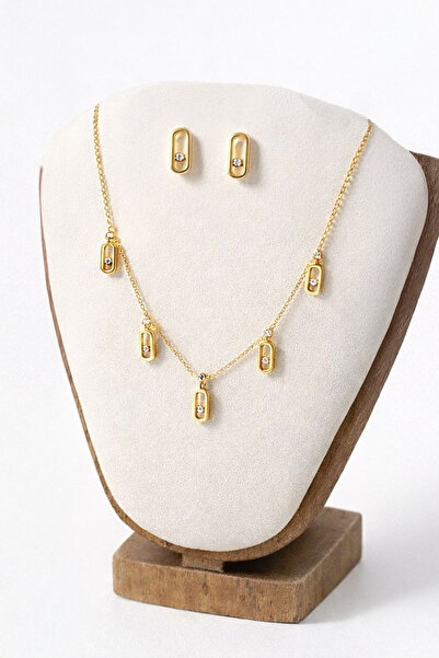 stylishaccessories طقم سلسال مع أقراط بحبة كريستال أنيق باللون الذهبي