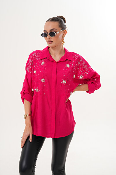 ZENA BY ÇETİN LEVENT Pearl Stone Embellished Look Casual Loose Fit Women's Shirt