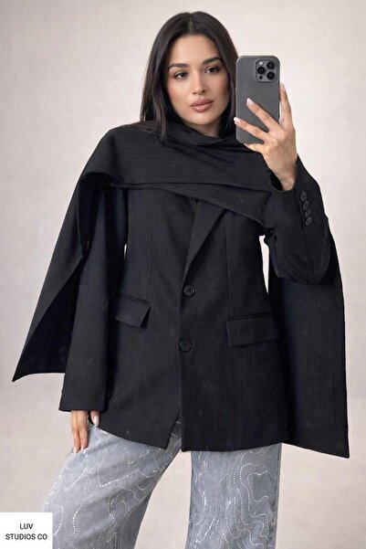 LUV STUDİOS CO Black Premium Quality Pinstripe Shawl Collar Detailed Blazer J...