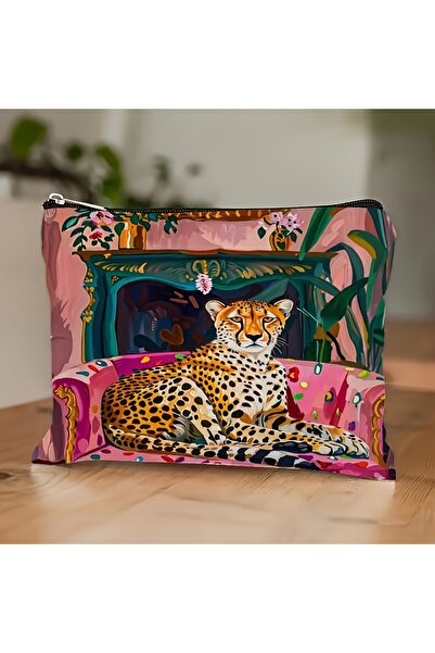 Choice حقيبة مكياج خضراء زيتونية بنقشة جلد النمر النابضة بالحياة - حقيبة متعد...