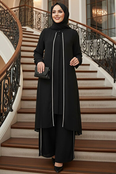 N.S NEVA STYLE Chiffon Black Islamic Clothing Double Set 4447S