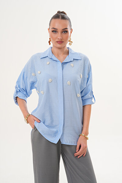 ZENA BY ÇETİN LEVENT Pearl Stone Embellished Look Casual Loose Fit Women's Shirt