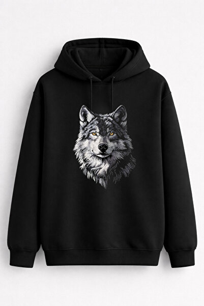 AYDESİGN Hanorac negru cu glugă cu imprimeu turcesc Bozkurt Kurt pentru bărba...