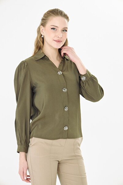 Sortie Women's Drawstring V-Neck Khaki Color Modal Shirt