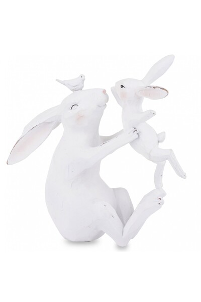 DecoDepot Figurina mama iepuras cu pui, alb, 23x22x9 cm
