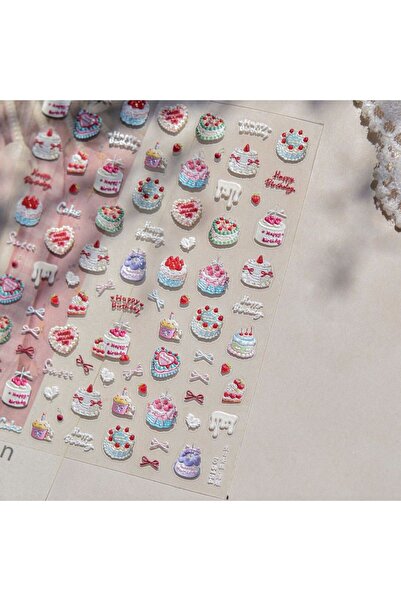 Choice ملصق واحد على شكل كعكة عيد ميلاد سعيد للأظافر، ملصق أظافر ثلاثي الأبعا...