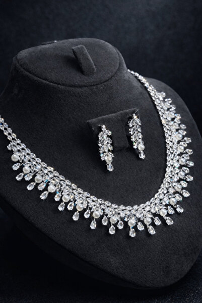 OSMANLI GÜMÜŞ Women's Bijouterie Earrings and Necklace Set - Nara Model Women...