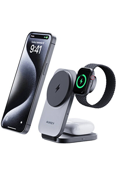AUKEY magnetic 3 in 1 MagFusion LC-MC312, 15W Qi2 (gri)