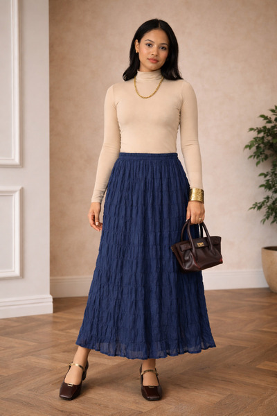 Kirazgym Modal Skirt with Wrinkle Detail - Navy Blue
