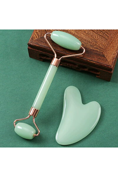 Choice مجموعة أدوات تدليك الوجه من اليشم الطبيعي، قطعتان، لون أخضر، تتضمن بكر...