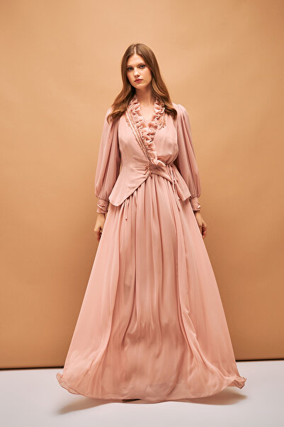 İnce Fırfır ve işleme detaylı Uzun Şifon Abiye Elbise