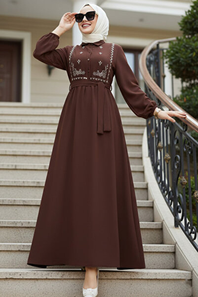 N.S NEVA STYLE Pattern Detailed Brown Hijab Dress 10304Kh