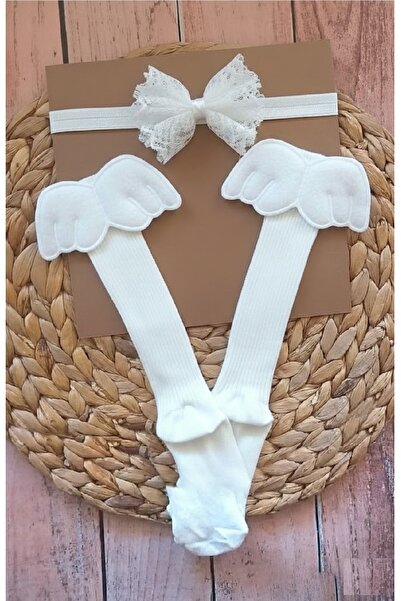 Panowill Design Kız Bebek Dantelli Saç Bandı ve Melek Kanatlı Diz Altı Çorap ...