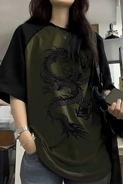 Karakedi Зелена рагланова тениска с принт на дракон от китайската митология Y...