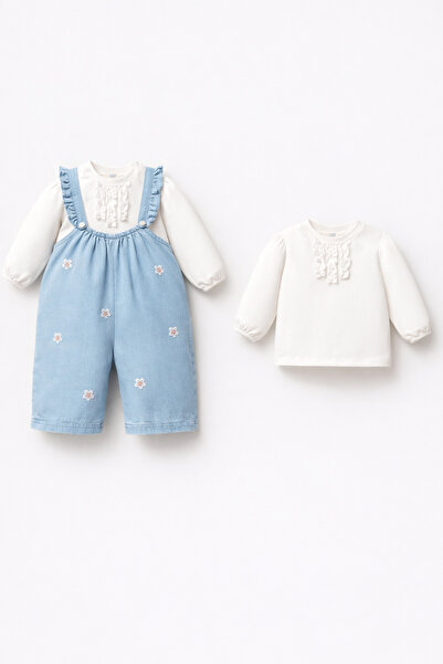 LUCKY Kız Bebek Papatya Detaylı İnce Denim Salopet ve Bluz Takımı