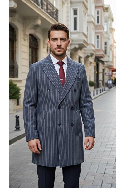 Salihtarzz Erkek Mono Yaka Çizgili Lacivert Kruvaze Palto SD42323